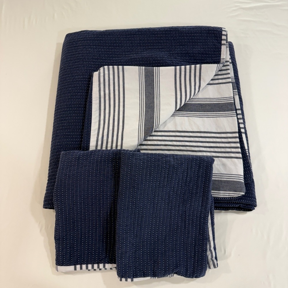 Pottery Barn Kids Reversible Duvet Set Full/Queen Navy Blue Dot Stripe Coastal